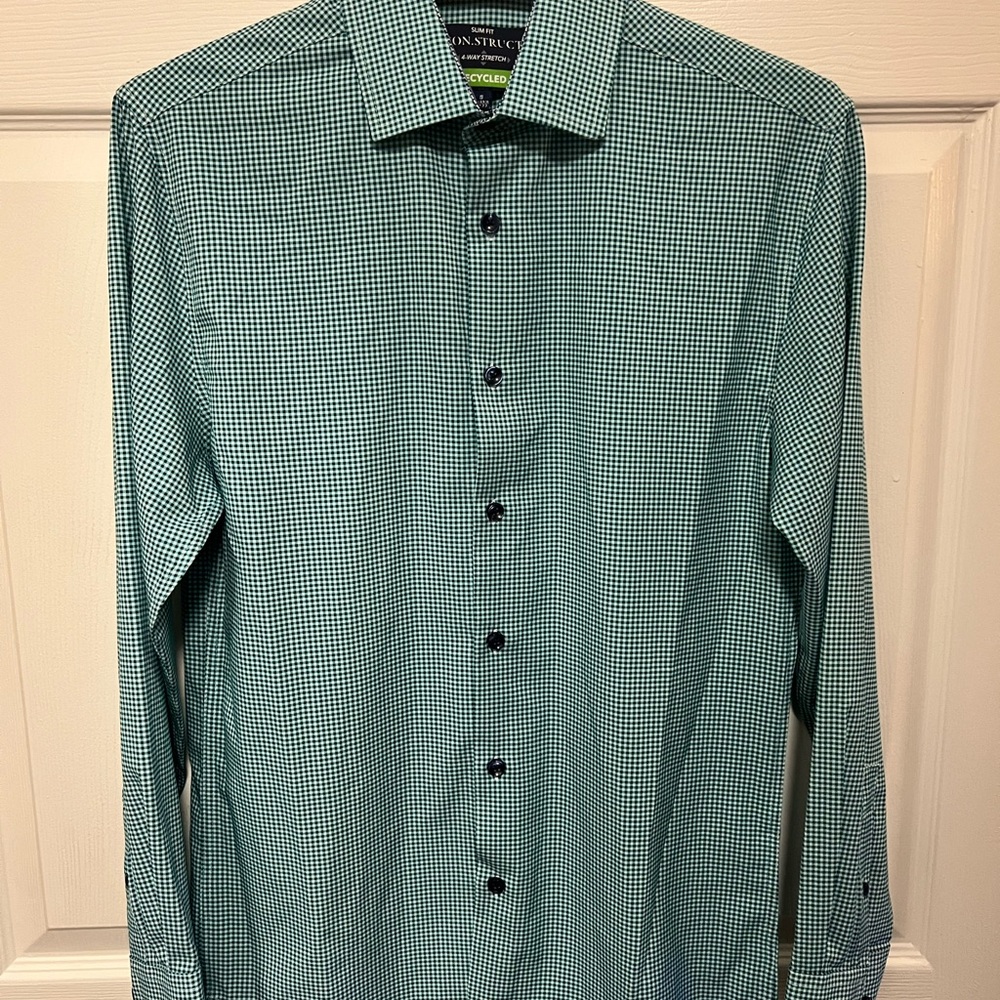 ConStruct Green & White Micro Check Slim Fit Dress Shirt | Size SM